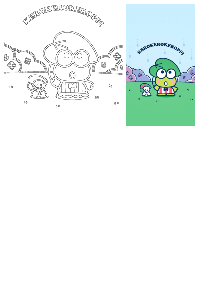 Kerokerokeroppi cartoon character in grass, featuring an outline drawing and a vibrant colored illustration with a small friend.