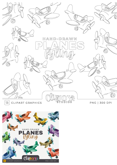 Clipjoy Studios hand-drawn flying planes clipart set. Includes 12 cartoon airplane graphics in outline and vibrant colors.