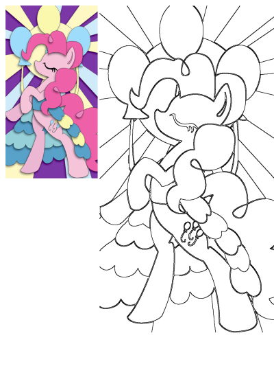 Pinkie Pie pony smiling with balloons and a vibrant sunburst background, presented in a fun layered art style.