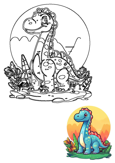 A cute cartoon blue dinosaur illustration featuring a friendly dino with pink spines and spots, standing among tropical plants at sunset.