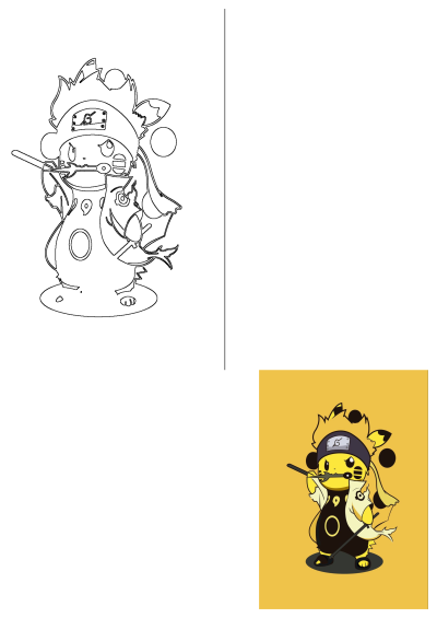 Pikachu Naruto crossover cartoon art depicting Pikachu as a ninja with a Konoha headband and a weapon. Includes a line art version.