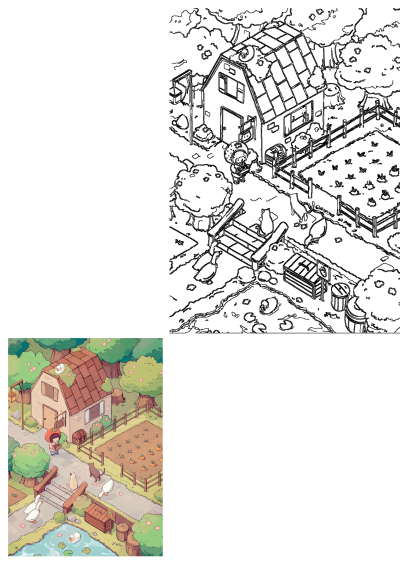Charming isometric cottage farm scene with animals, abundant harvest, character in strawberry hat, cottage, garden, and pond.