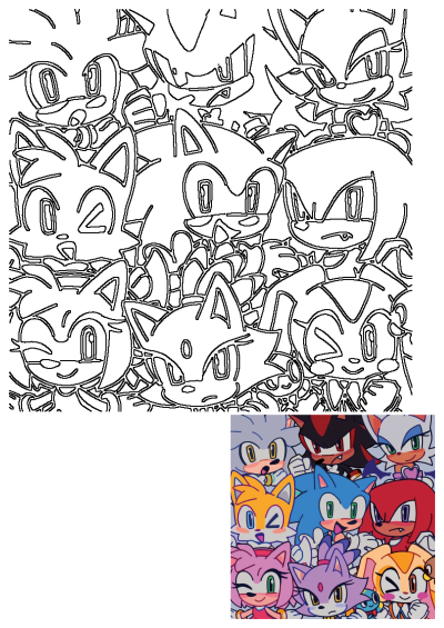 Outline drawing featuring Sonic the Hedgehog, Tails, Knuckles, Amy, Shadow, Rouge, Silver, Blaze, and Cream in a friendly group.