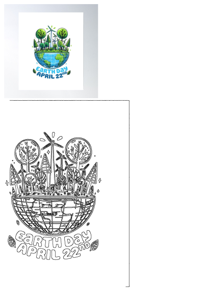 Vibrant Earth Day poster with globe, lush trees, and windmills symbolizing renewable energy, celebrating April 22nd on a white background.