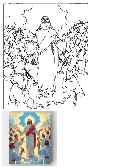 Detailed line art outlining Ai enhanced Jesus Christ with arms open, surrounded by angels playing trumpets amidst heavenly clouds.