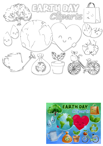 Educational Earth Day cliparts for kids featuring the Earth, a happy heart, tree, water drops, recycling symbols, and eco-friendly items.