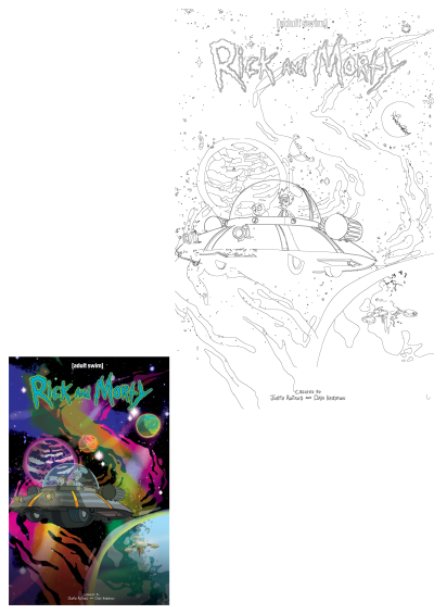 Rick and Morty fly their spaceship through a vibrant galaxy, surrounded by colorful planets and stars, showcasing an Adult Swim space adventure.