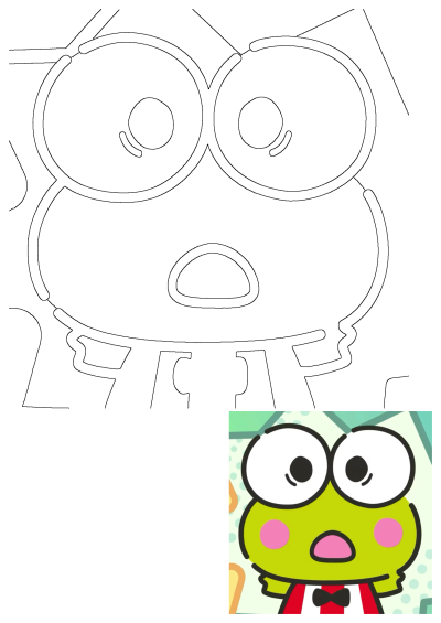 Outline drawing of Keroppi, the famous frog cartoon character, featuring his signature big eyes and a neat bow tie.