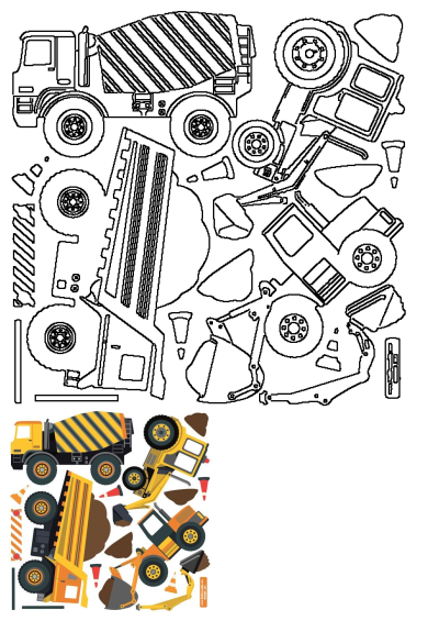 Cut out construction vehicles including truck, excavator, and cement mixer. Features both outlines for crafts and colorful transportation elements.