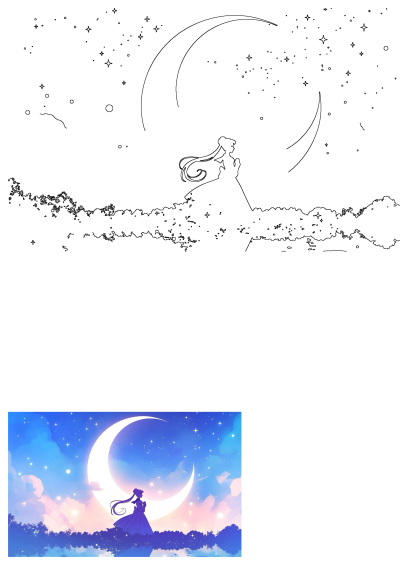 Sailor Moon's silhouette stands beneath a radiant crescent moon and a sky full of twinkling stars in this enchanting fantasy art.