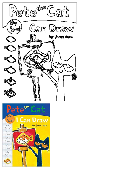 Pete the Cat I Can Draw book cover featuring Pete drawing a fish, with a step-by-step guide, shown in both outline and color versions.