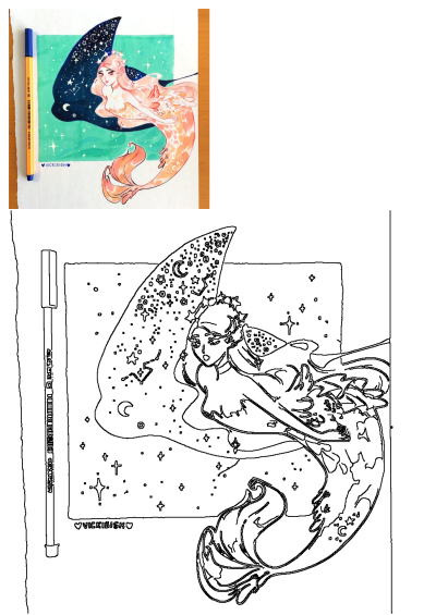 Mermaid art drawing showcasing a fantasy scene with a pink-haired mermaid on a starry crescent moon, under a teal sky.