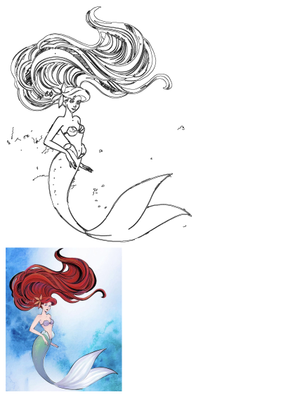 Detailed outline and colorful illustration of a red-haired mermaid with flowing red hair and a sparkling green tail against a blue background.