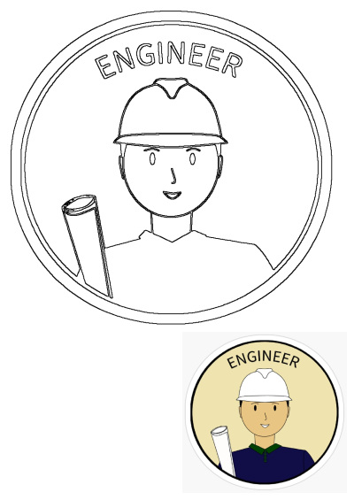 An outline sticker of a smiling engineer man in a hard hat, holding rolled blueprints. Features 'ENGINEER' text inside a circular frame.