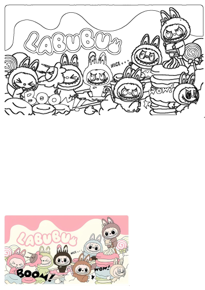 A playful illustration of Labubu characters in cute bunny costumes enjoying a spread of colorful sweets including donuts, macarons, lollipops.