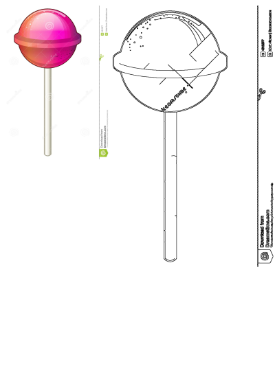 A vibrant pink and orange glossy lollipop, a sweet confection, is featured alongside its black and white line art version.