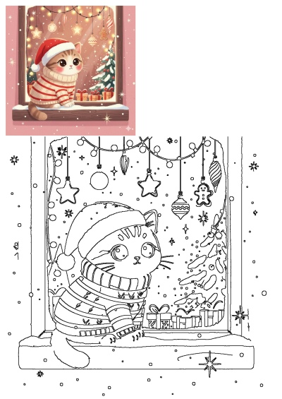 Adorable cat in Santa hat and striped sweater gazes from a snowy Christmas window, featuring a festive tree, string lights, and gifts.