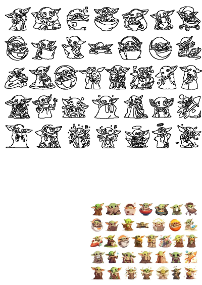 Baby Yoda stickers and outline designs collection on a white background, featuring Grogu in various colors, sizes, and poses.