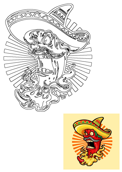 A fiery cartoon spicy chili pepper wearing a sombrero and mustache, screaming with flames, set against a sunburst background.