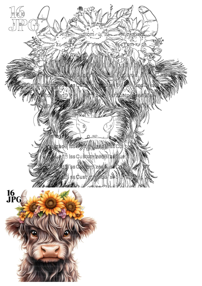 Charming watercolor Highland cow adorned with a vibrant floral crown of sunflowers. Perfect for rustic farmhouse decor and crafts.
