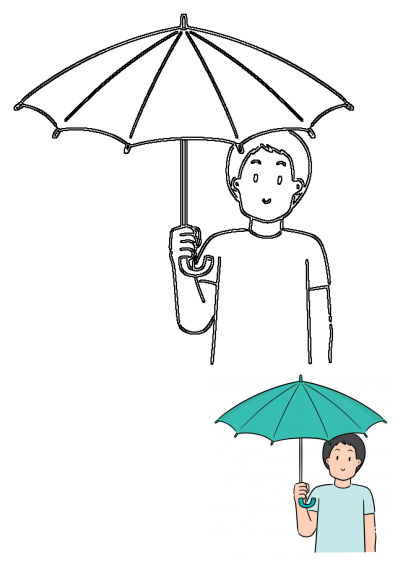 Vector illustration of a smiling man holding an open umbrella. Features a black outline drawing and a full-color version with a teal umbrella.