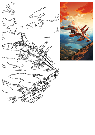 An artist's rendering depicts a fighter jet, with striking red and white camouflage, soaring above a beautiful mountain lake at sunset.