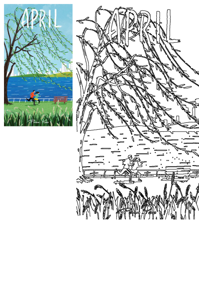 April painting depicts people running along a waterfront park with a vibrant green tree, lush grass, and distant city buildings.