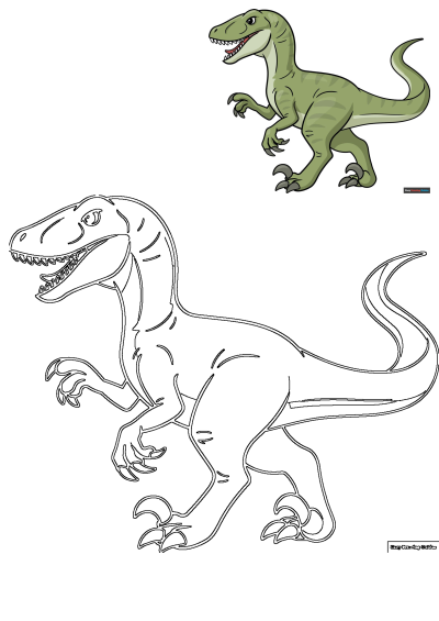 A playful cartoon dinosaur character, a green raptor, is depicted next to its black outline version, perfect for drawing activities.