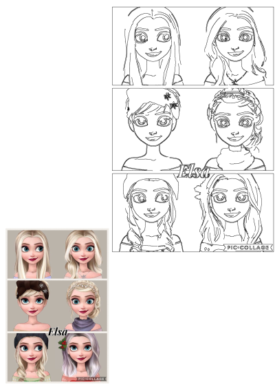 Elsa from Frozen, with blonde hair and blue eyes, in six distinct outfits. Features colored illustrations and corresponding outline art.