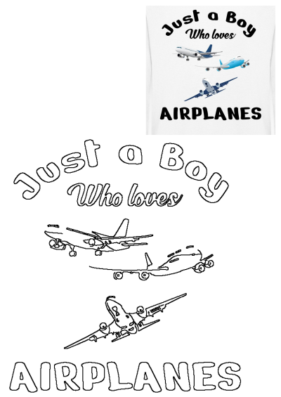 Just a Boy Who Loves Airplanes illustration with colorful passenger jets and a black & white outline version.