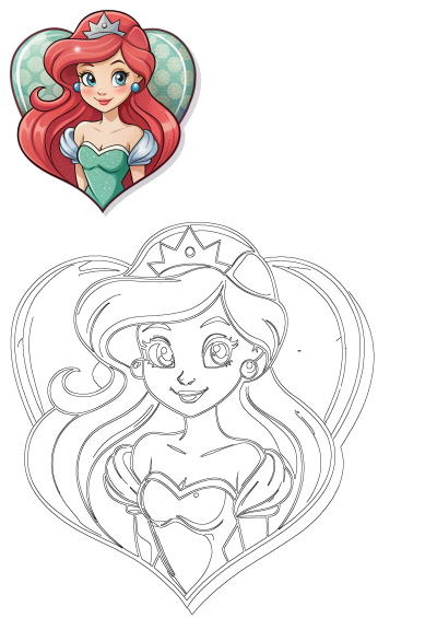 Ariel, the Little Mermaid princess, with a tiara and vibrant red hair, smiling in front of a patterned heart.