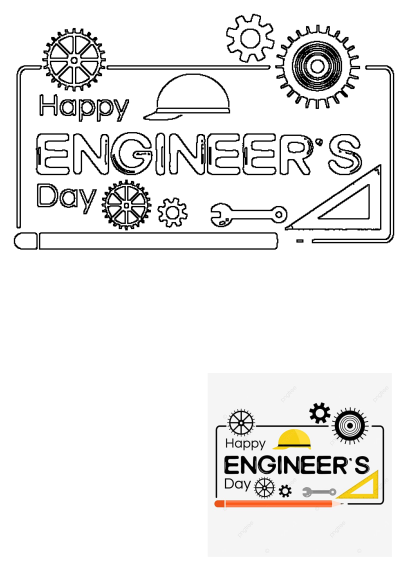 Happy Engineer's Day card design featuring black outlines of text, gears, a hard hat, wrench, pencil, and set square.