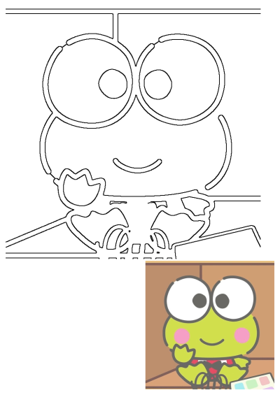 Detailed outline drawing of Keroppi, the cute Sanrio cartoon frog character, happily sitting at a desk with a colorful palette.