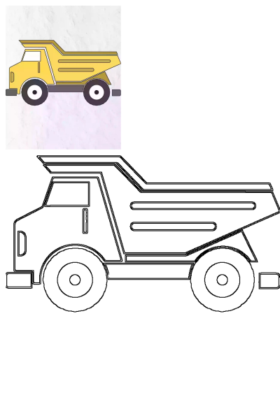 A cheerful yellow cartoon dump truck illustration shown above a black outline version, perfect for learning or creative play.