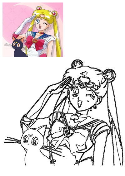 Sailor Moon and Luna the black cat posing against a pink background, with Sailor Moon winking and saluting.