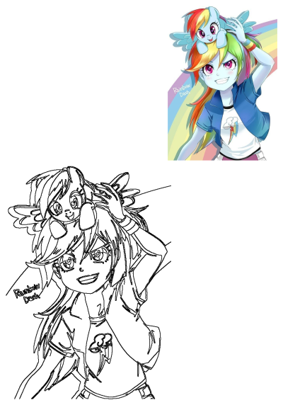 Colorful Rainbow Dash human and pony fan art, depicting the confident human with her pony friend on her head, alongside a line art version.