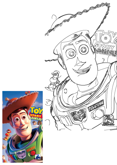 Woody in Buzz Lightyear's suit on a Toy Story Mania poster with Buzz flying on a rocket, presented with an outline drawing.