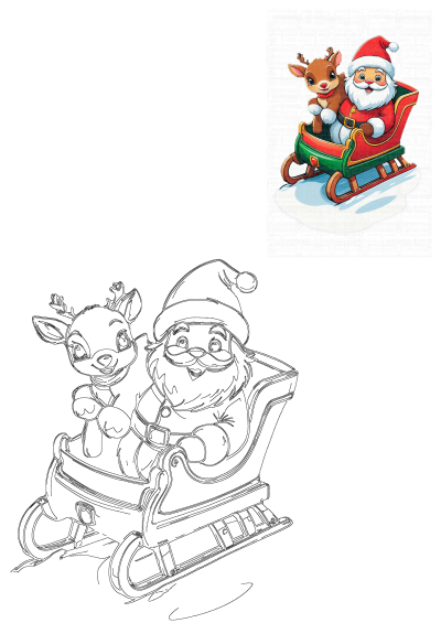 A cheerful Santa Claus and a cute reindeer riding in a classic Christmas sleigh, depicted in both vibrant color and detailed outline art.