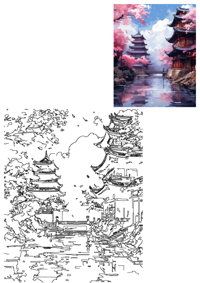 Vibrant Japanese temples with pink cherry blossoms reflecting in the river, perfect for a paint by numbers canvas kit.