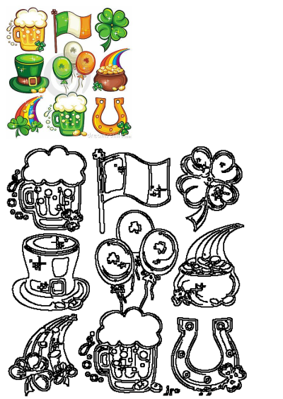 A festive collection of St. Patrick's Day giveaway elements including shamrocks, lucky horseshoe, Irish flags, beer, and a pot of gold with a rainbow.