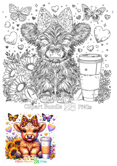Highland Cow With Bow Sunflowers Butterflies Coffee clipart, featuring an adorable calf with a bow, flowers, and coffee cup.