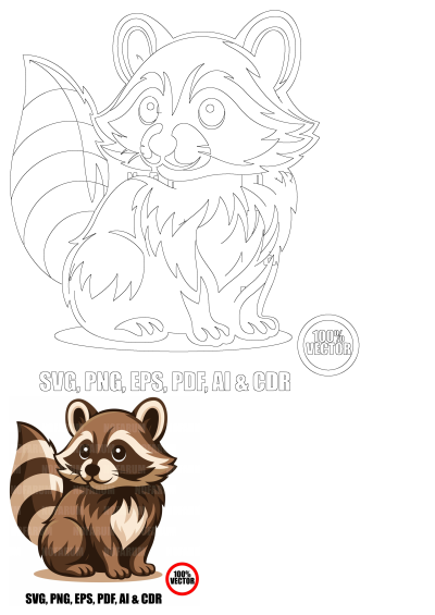 Adorable vector illustration of a cartoon raccoon sitting with crossed paws, available in vibrant color and outline art.