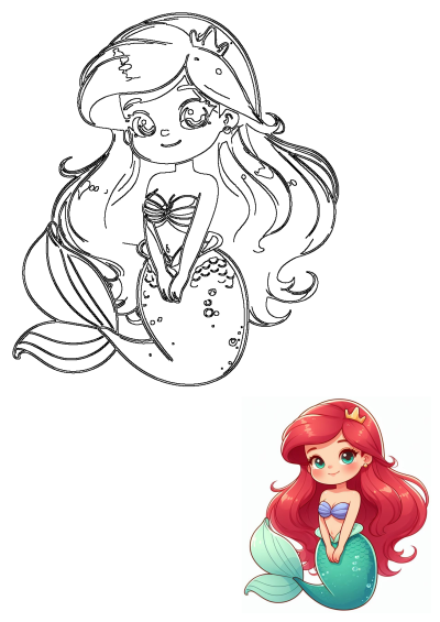 A cute Ariel-inspired mermaid character with long red hair, golden crown, purple top, and green tail, shown in line art and color.