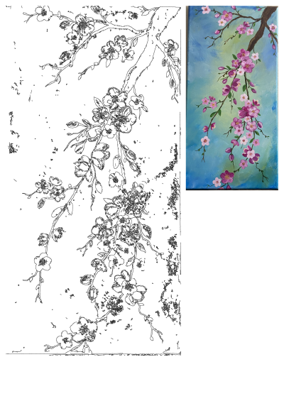 Acrylic art showcasing delicate pink flowers on a tree branch against a beautiful blue and green background, with its black outline version.