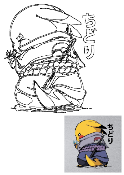 Pikachu dressed as Sasuke from Naruto performing Chidori. This Pokemon Naruto crossover art includes Japanese text 'Chidori'.