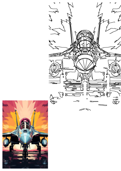 Front view of a powerful fighter jet parked on an airport tarmac, set against a vibrant sunset sky with striking reflections.