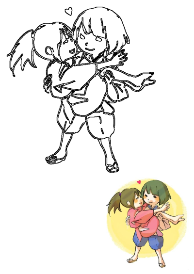 Spirited Away Chihiro and Haku share a loving hug. This line art drawing captures the characters with a small colored example below.