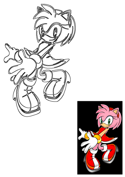 Amy Rose The Hedgehog depicted in a dynamic cartoon running outline drawing, with a smaller vibrant colored image included.