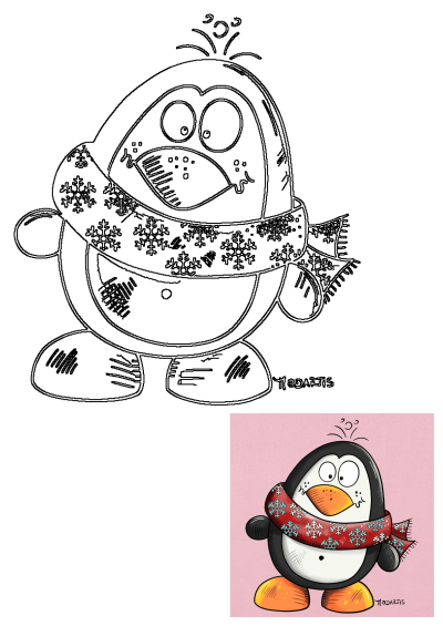 A charming cartoon penguin illustration featuring a cute winter animal wearing a red scarf with snowflakes on a pink background.