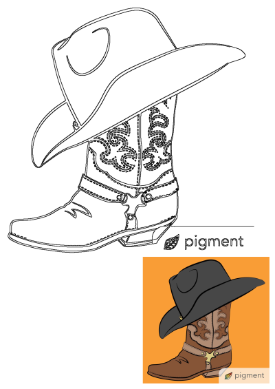 Line art of a cowboy boot and hat, along with a colored version featuring a black hat, brown boot, and orange background.